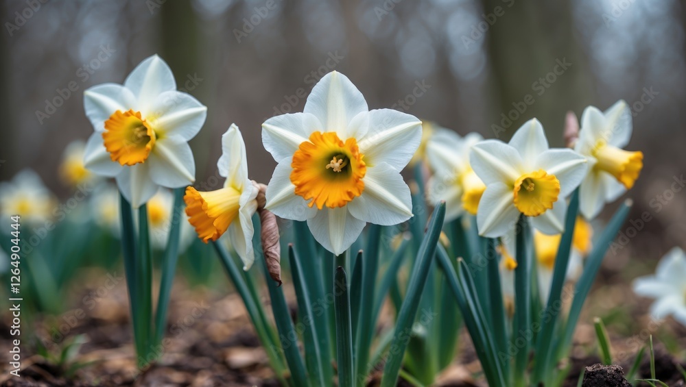 Poster close-up view of blooming daffodils in a garden setting with blurred background and soft natural lig