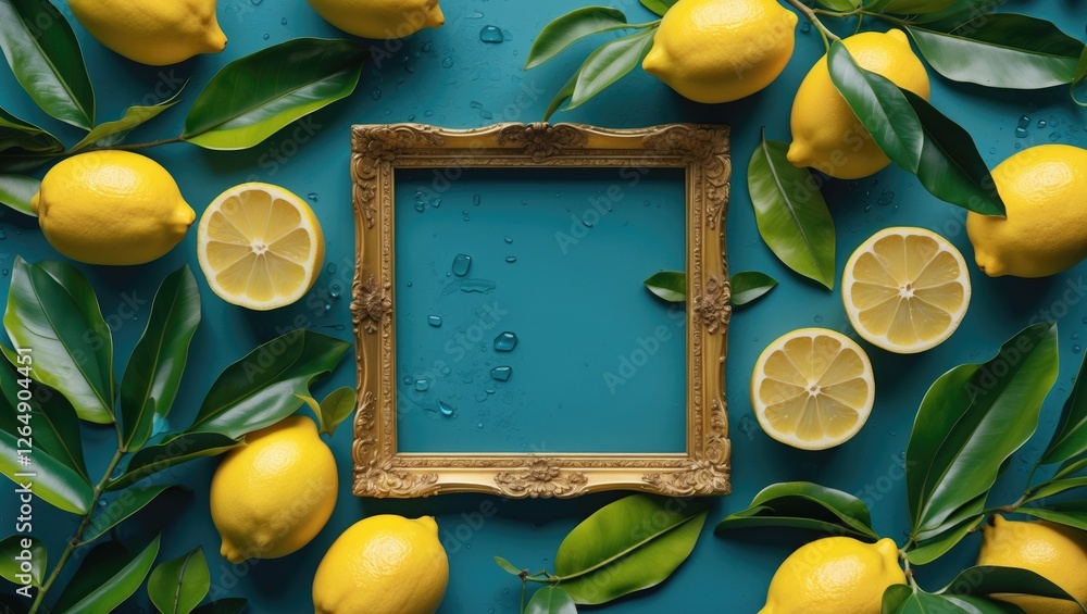 Aufkleber lemons and lemon slices arranged around an empty vintage picture frame on a teal background with wat