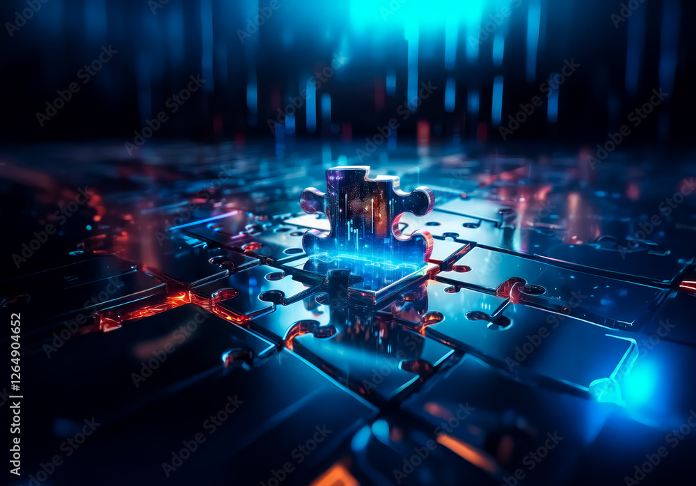 Poster futuristic abstract technology concept with interconnected grid and glowing blue and orange light ac