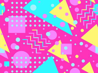 Geometric seamless pattern with memphis elements in 80s style. Colorful geometric pattern. Design of promotional products, wrapping paper and printing. Vector illustration