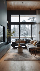 Fototapeta premium Comfortable Scandinavian living room featuring neutral gray couch minimalist design and modern decor for a functional space Modern Interior Design Inspiration