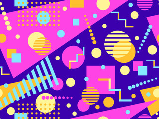 Geometric seamless pattern with memphis elements in 80s style. Colorful geometric pattern. Design of promotional products, wrapping paper and printing. Vector illustration