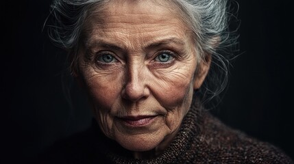 Obraz premium Close-up portrait of a senior woman with wrinkles and grey hair, looking directly at the camera.
