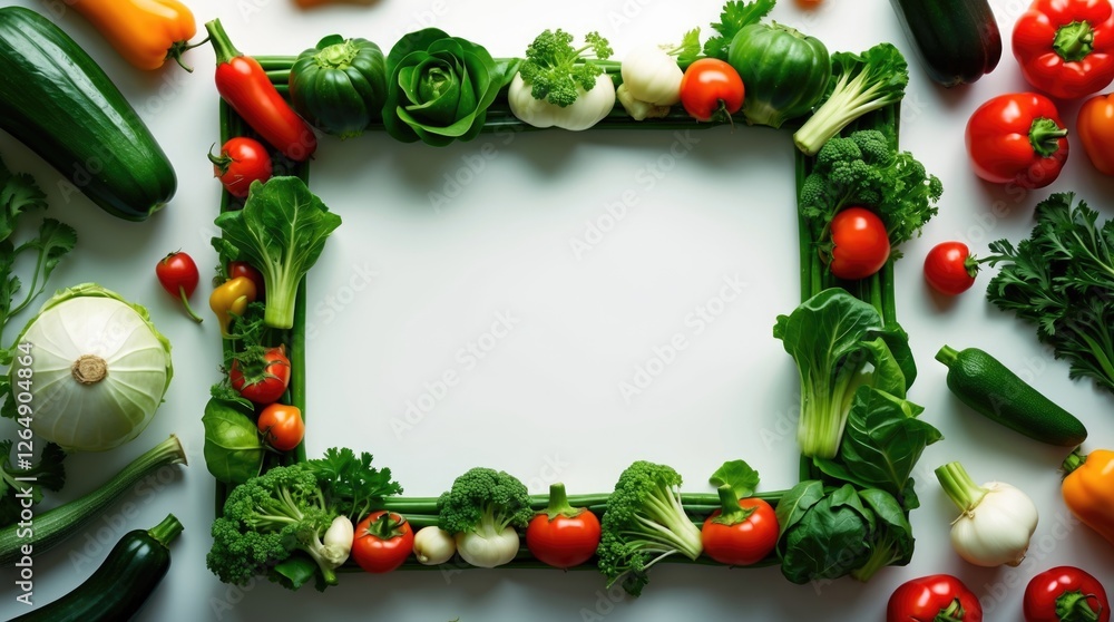 Poster fresh assorted vegetables arranged in a decorative frame on a white background with ample copy space