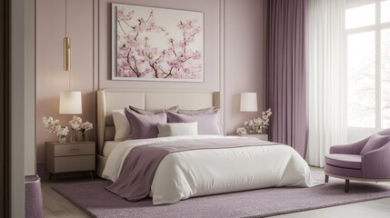 Dreamy bedroom with soft cherry blossom artwork, modern lavender furnishings, and a serene setting