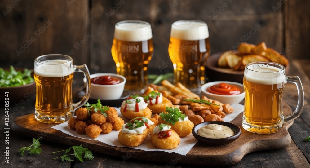 Poster assorted appetizers and beer mugs on wooden table with copy space for text
