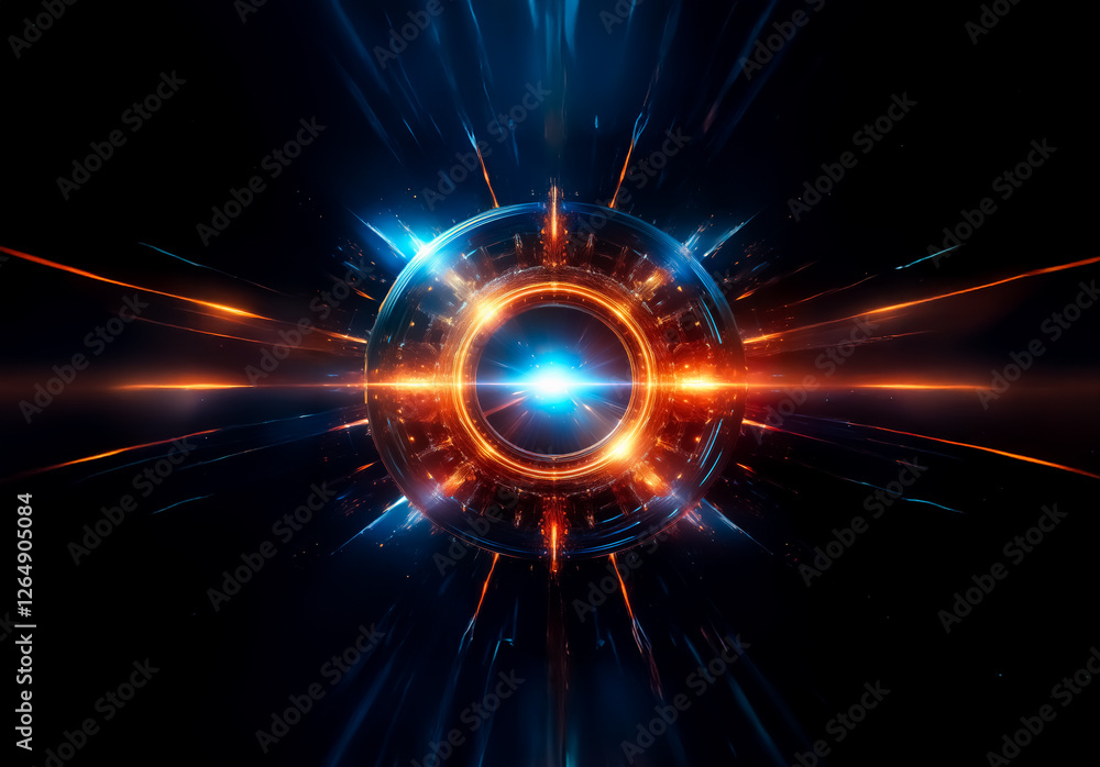 Poster a radiant orb emits bright blue and orange beams against a dark background. a dynamic burst of light