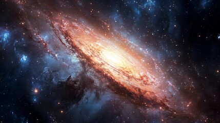 A spiral galaxy with a bright yellow center. The galaxy is filled with stars and is surrounded by a dark blue sky. The stars are scattered throughout the galaxy
