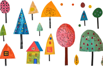 Colorful illustration of houses and trees with a transparent background.  Bright, playful style