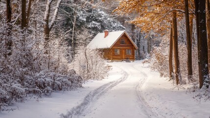 Snowy cabin nestled in a winter forest.