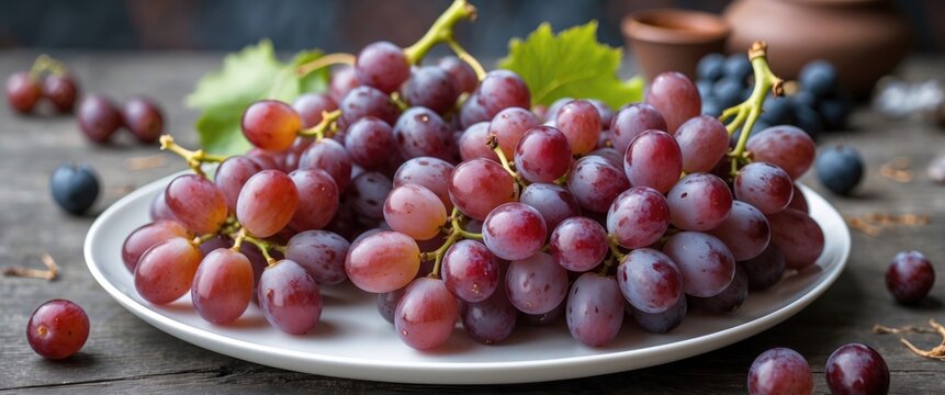 Fresh red grapes on a white plate with green leaves and blue grapes on wooden table background Copy Space