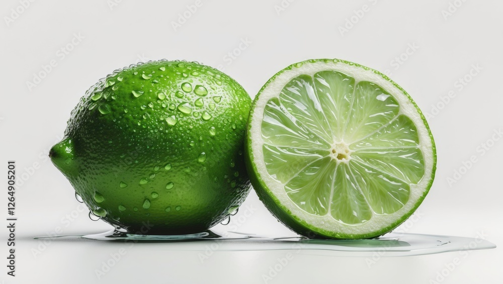 Poster fresh green lime with water droplets on surface and a cut half showing juicy texture and vibrant col