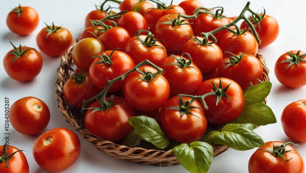 Poster fresh ripe tomatoes with green leaves arranged in a wicker basket on a white background with additio