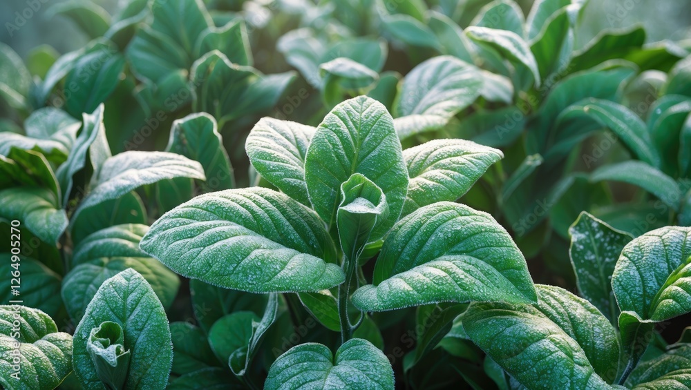 Poster frost covered green leaves in soft morning light displaying intricate texture and details with avail