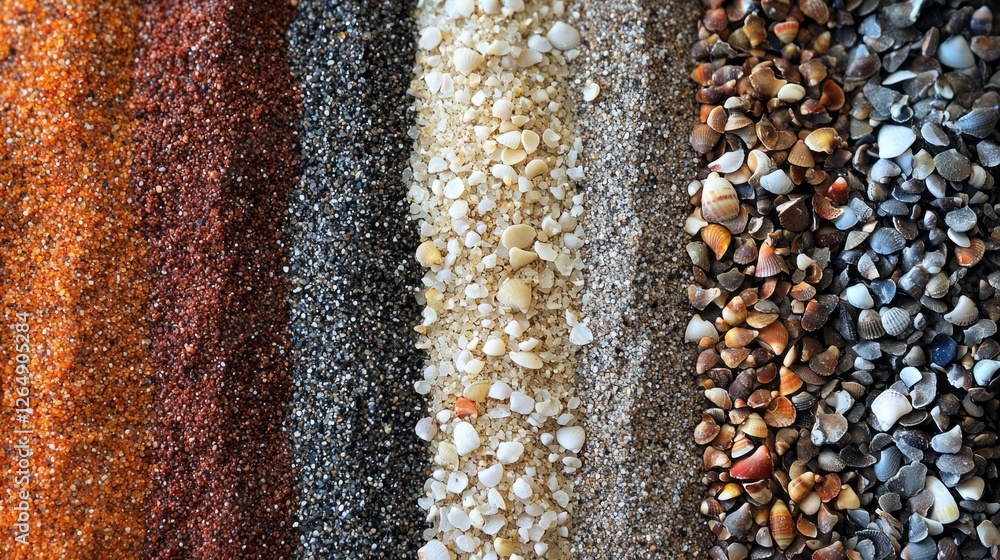 Poster various types of sand showcase a rich palette of colors and textures, with tiny shells scattered thr