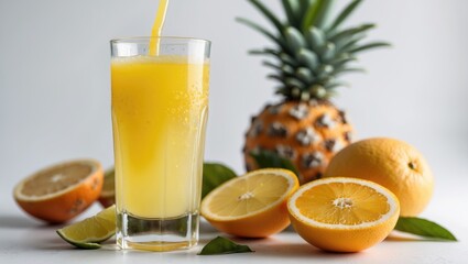 Fototapeta premium Fresh tropical fruit juice in glass with lemon and pineapple on white background, vibrant colors, healthy drink concept, Copy Space