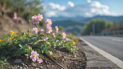 Wildflowers blooming on a roadside with mountains in the background and a clear blue sky. Copy Space.