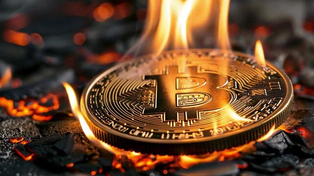 Burning bitcoin coin surrounded by flames and blackened debris in visual representation of cryptocurrency volatility