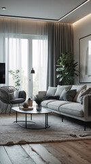 Fototapeta premium Cozy neutral Scandinavian living room design with a gray couch emphasizing minimalist design for a simple yet inviting atmosphere Modern Interior Design Inspiration