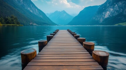 Fototapeta premium A wooden pier is in front of a body of water with mountains in the background. The scene is serene and peaceful, with the water reflecting the sky