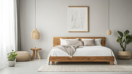 Elegant and simple bedroom with a retro wooden bed, pastel-colored pillows, and a cozy, soft ambiance