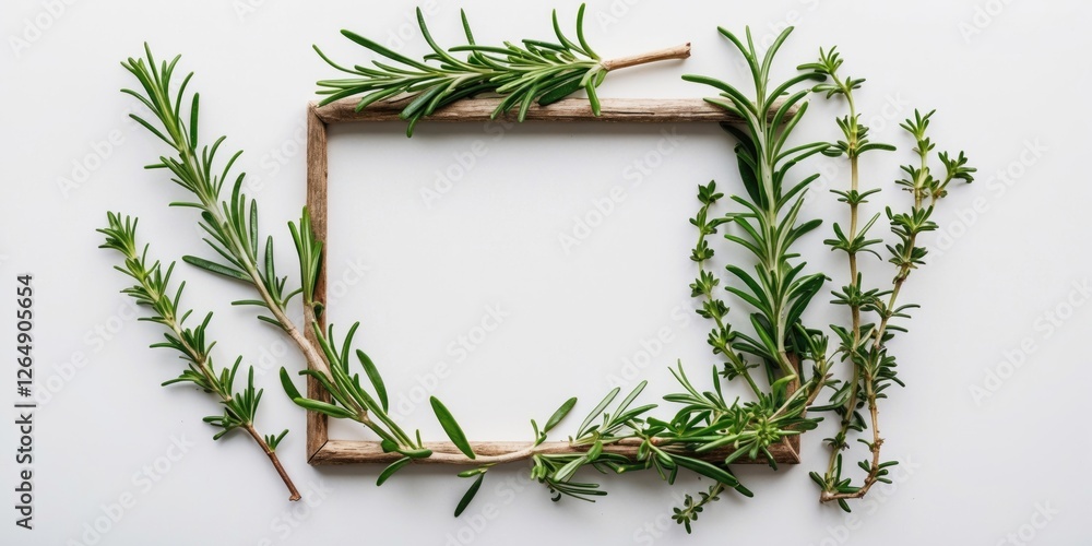 Poster herb branches arranged around a wooden frame with empty space for text on a white background