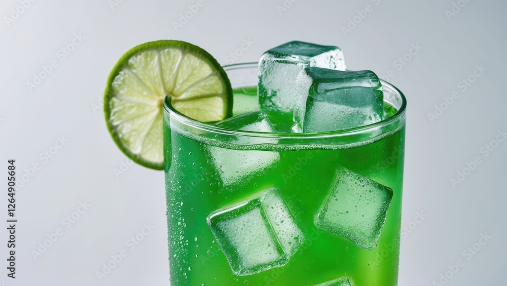 Poster green beverage with ice cubes and a lime slice, refreshing drink against a light background, copy sp