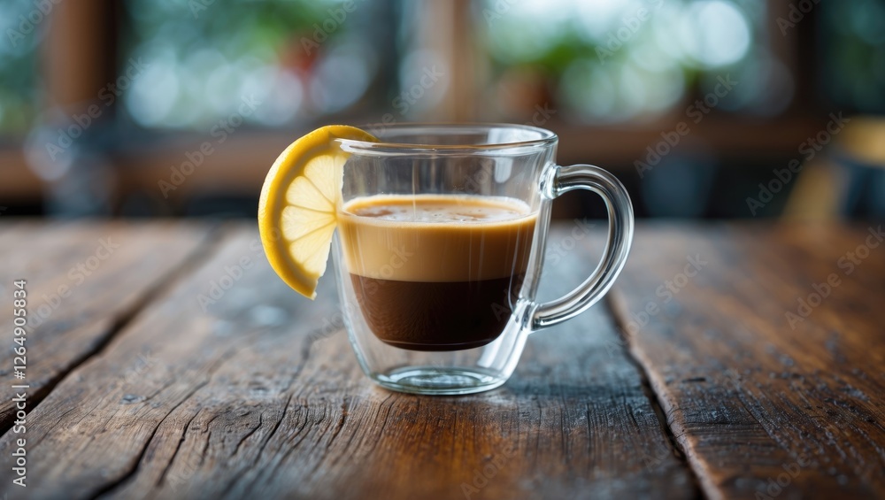 Aufkleber glass cup of coffee layered with lemon slice on rustic wooden table with blurred background copy spa