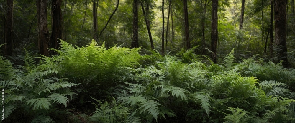 Poster lush green ferns in a dense forest with sunlight filtering through trees natural environment and tra