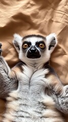 Obraz premium Close-up of a Curious Lemur on a Beige Surface