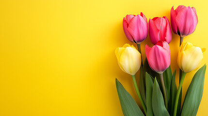 Bouquet of delicate pink and yellow tulips with green leaves on a plain yellow background. Copyspace for your text. Spring flowers. Bouquet for March 8, Mother's Day.	