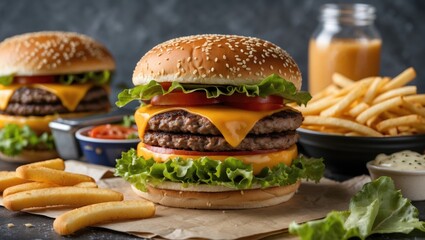 Delicious double cheeseburger with lettuce and tomato served with crispy French fries and sauce on a rustic table background Copy Space