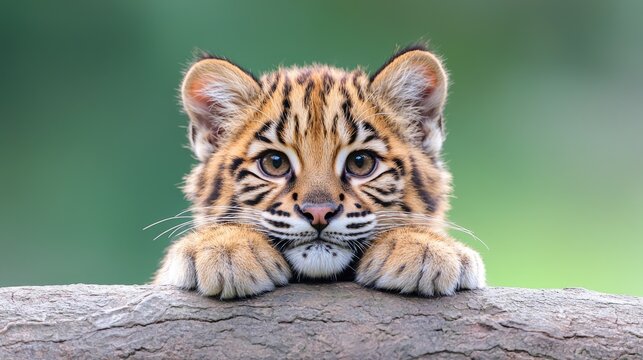 Cute bobcat kitten peering over log, green background
