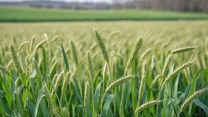 Close-up view of ripening green wheat plants in a wide field under a clear sky with soft daylight Copy Space
