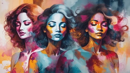 Obraz premium Banner pintura de mujeres estilo acuarela. concepto dia de la mujer