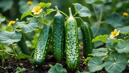 Fresh cucumbers growing on vine with yellow flowers in garden setting, healthy green leaves surrounding vegetables, Copy Space