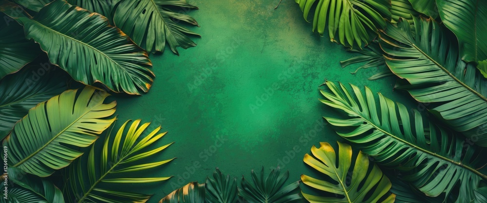 Aufkleber tropical green leaves layout on textured background with copy space for design or text placement