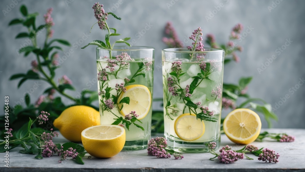 Poster refreshing lemon herb drink in two glasses with lemon slices and floral garnish on a rustic table wi