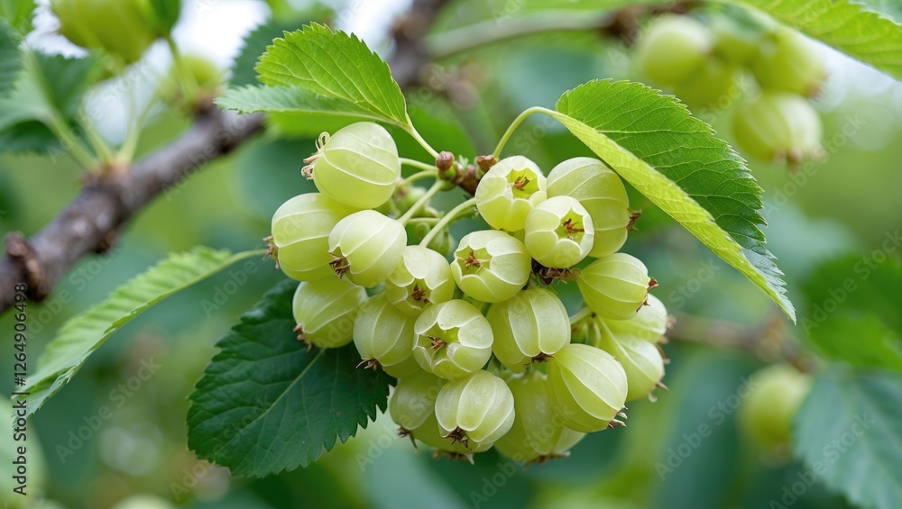Poster cluster of green gooseberries on a branch with green leaves in a natural setting with copy space for