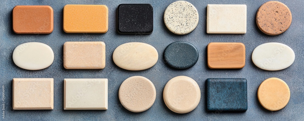 Poster Collection of Colorful Rectangles and Circles in Various Materials and Textures on a Gray Background