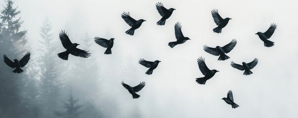Fototapeta premium Flock of Birds Flying Through Misty Forest at Dawn with Silhouettes Against Foggy Background