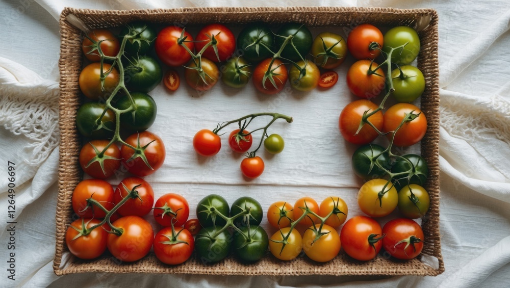 Poster assorted fresh tomatoes in a wicker basket on a linen surface with ample room for text copy space