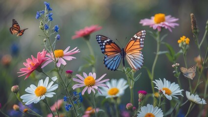 Colorful butterflies among blooming flowers in a vibrant garden setting with soft natural light and blurred background Copy Space