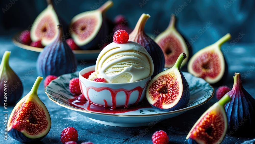 Poster ice cream in a bowl topped with raspberries and surrounded by fresh figs on a textured surface with 