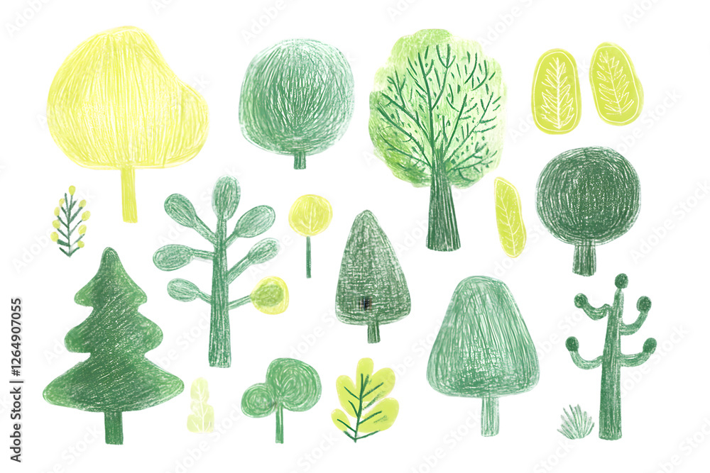 Poster collection of hand-drawn trees in yellow and green hues on a transparent background. simple shapes a