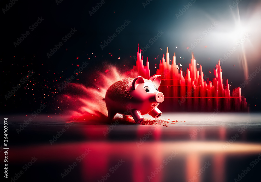 Poster piggy bank frantically runs from a red glowing graph, symbolizing escaping financial downturns and i