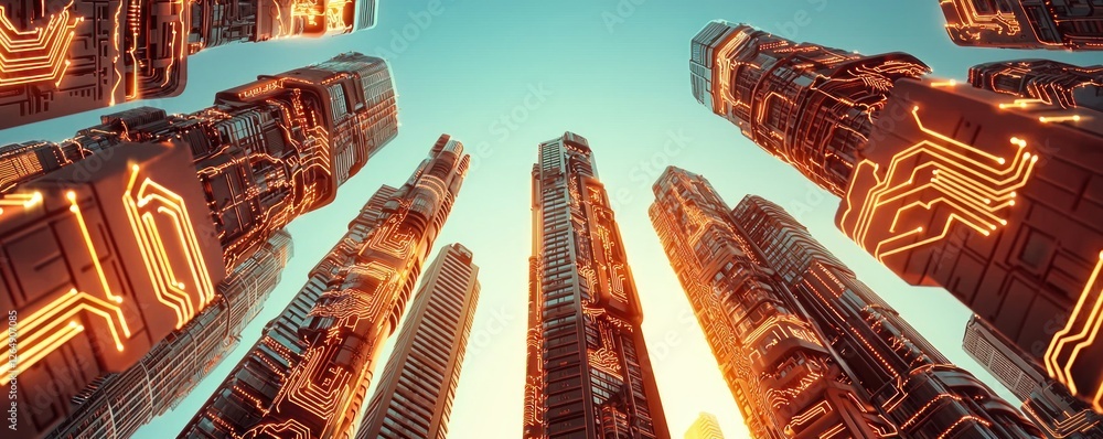 Poster futuristic cityscape with towering skyscrapers and neon circuit pattern under a bright sky