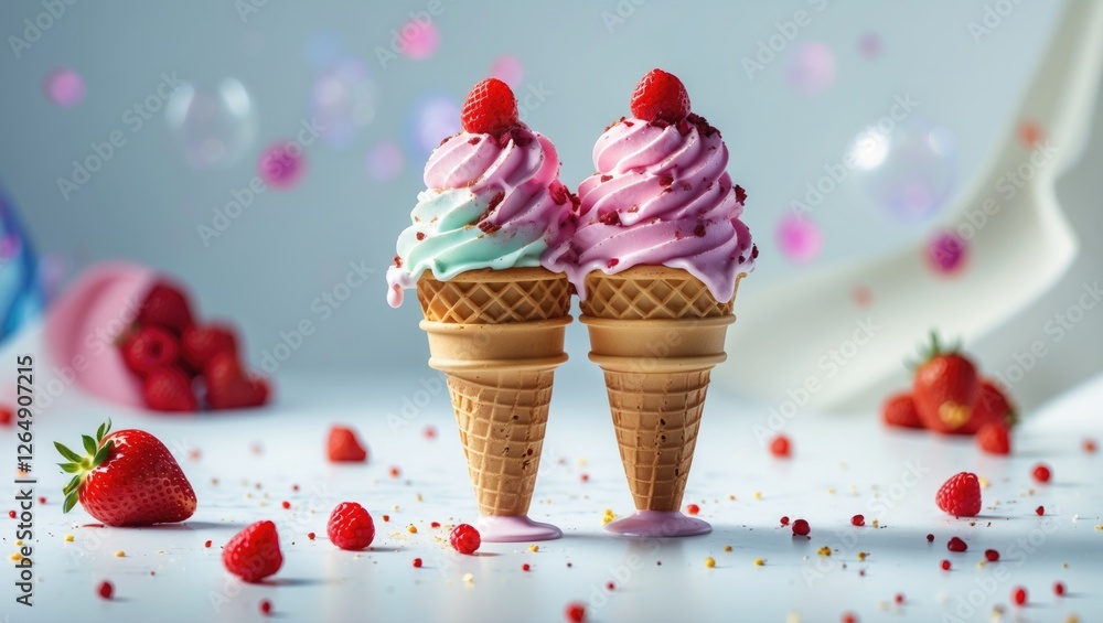 Poster two ice cream cones with pink and mint colored soft-serve topped with red berries and surrounded by 