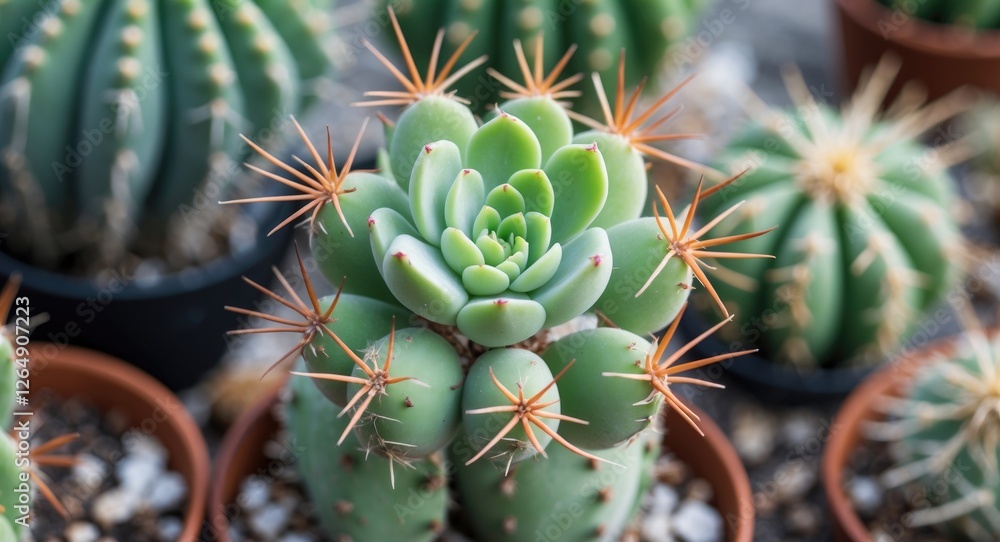 Poster close-up view of various cacti and succulents in pots with spines and vibrant green colors suitable 