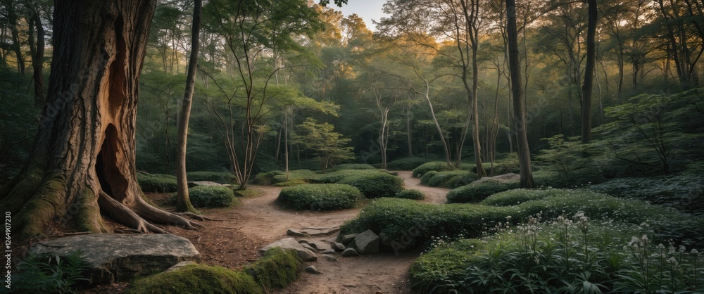 Poster forest pathway with lush greenery and sunlight filtering through trees in a tranquil natural setting